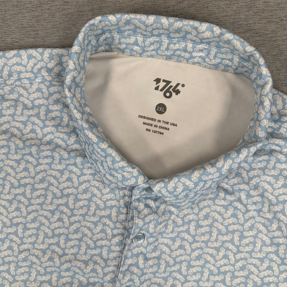 1764 Golf Polo Shirt Mens 2XL Light Blue Motorcycle AOP Performance Short Sleeve